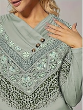 billige Boho t-skjorte-Dame T skjorte Grafisk Stripet Årgang Stilfull Fritid Langermet V-hals Vanlige topper Daglig Helg Knapper Trykt mønster Lysegrønn Blå Grønn Grå Høst Vinter