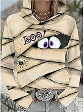 levne Halloween mikina a kapuce-Dámské Mikina s kapucí s kapucí Grafika Lebky předvečer Všech svatých Vinobraní Módní Západní Dlouhý rukáv Kapuce Běžné topy ulice Na den Ležérní Tisk Přední kapsa Kaštanově hnědá Černá Rubínov