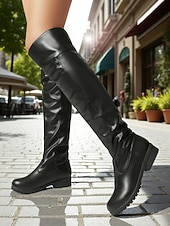 baratos Botas da moda-Botas femininas pretas acima do joelho - botas de couro sintético de cano alto com sola de argola para roupas casuais e de rua no outono e inverno