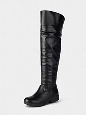baratos Botas da moda-Botas femininas pretas acima do joelho - botas de couro sintético de cano alto com sola de argola para roupas casuais e de rua no outono e inverno