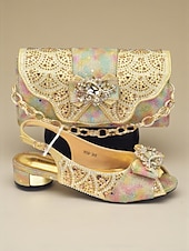 baratos cocktail-Conjunto de sapatos de salto alto com strass dourados e clutch combinando para mulheres, traje de festa brilhante e enfeitado para coquetéis