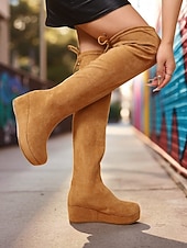 baratos Botas da moda-Botas femininas de camurça bege acima do joelho com salto plataforma – calçado de inverno confortável para estilo urbano e uso casual diário