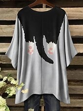 billige Dyr Topp-Dame Bluse Grafisk Dyr Katt Årgang Daglig Fritid Halvlange ermer Flaggermusermer Crew-hals Lange topper Daglig Ferie Strand Klær Assymetrisk Gul Rød Blå Kamel Grå Sommer Vår