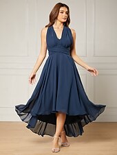 billiga Bröllopsgästklänningar-A-linjeformade Bröllops Gäst Klänningar Elegant Klänning Formal Bröllops Fest Te Längd utan Ärmar En Axlar Höst Bröllops Gäst Chiffon med Rynkning