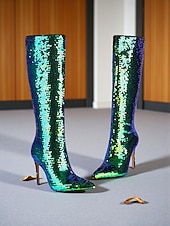 baratos Festa da Vida Noturna-Botas femininas de cano alto com lantejoulas - botas de festa com salto agulha brilhante para mulheres, calçados da moda glamorosos para boates, apresentações no palco e trajes de noite