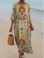 olcso Virágos ruha-Női Maxi Ruha Kaftan 3/4 Hosszú Ujjú Környakú Lazac Átmeneti Ruha Boho Mindennapi Ünnepi Randi Virágos Grafika Sárga Rózsaszín Kék Zöld Tavasz Ősz