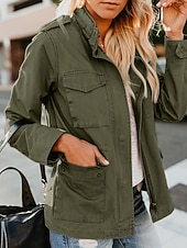 cheap Shirt Jackets-Women&#039;s Hoodie Jacket Warm Comfortable Zipper Pocket Casual Plain Vacation Daily Zipper Regular Turndown Regular Fit Long Sleeve Outerwear Black Khaki Army Green Fall Winter