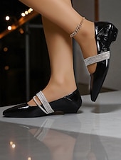 abordables Fête de la Vie Nocturne-Ballerines à bout pointu en cuir verni noir pour femmes - élégantes chaussures à enfiler avec bride en strass pour les soirées formelles et haut de gamme