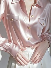 abordables Hauts Unis pour Femmes-Femmes Chemise Chemisier Uni Actif Élégant manche longue Col de chemise Hauts Réguliers Travail Sortir Avec Poches Boutons Rose Claire Automne