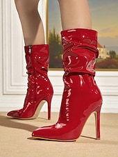 levne Slouch Boots-Dámské červené lakované kotníkové boty na jehlovém podpatku z umělé kůže se zapínáním na zip - stylová obuv na podpatku pro každodenní nošení, do nočních klubů i na diskotéku