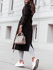 abordables Manteaux d&#039;Hiver-Femmes Manteau Trench Chaud Confortable Avec Poches Mode Moderne Occasionnel Uni Sortir Week-end Simple Boutonnage Long Col Rabattu Coupe régulière manche longue Vêtements d&#039;extérieur Noir Blanche