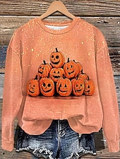 olcso Halloween pulóver és kapucnis felső-női pulóverek grafikus mintás divatos lezser hosszú ujjú kerek nyakú normál felsők utcai mindennapi viselet lezser nyomtatott fekete sárga rózsaszín fukszia narancssárga ősz tél