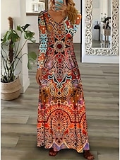 billiga Boho-klänning-Dam Midiklänning T shirtklänning A linjeklänning Semester Ledigt Boho Dagligen Helgdag Datum Normal Blommig Grafisk Geometrisk Långärmad V-hals Mörkbrun Vit Rostig röd Rubinrött Höst Vinter