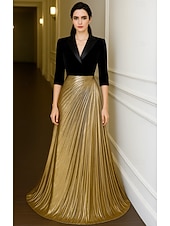 cheap Tuxedo Dresses-Tuxedo Dress A-Line Formal Wedding Wedding Guest Velvet Elegant Color Block Half Sleeve Floor Length Notched Lapels