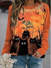 economico Felpa e Hoodie di Halloween-Halloween Felpa Donna Con Cappuccio Zucca Strega Moda Casual Manica Lunga Collo Giro Normale Top Casual Stampa Nera Bianca Gialla Arancione Estate Primavera Autunno