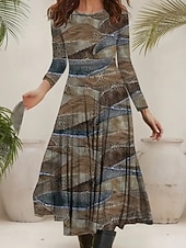 billige Kunst og Design Kjole-Dame Midikjole Fit And Flare Dress Fritid Bohem Fest Daglig Ut på byen Normal Polkadotter Abstrakt 3/4 ermer Crew-hals Lysebrun Høst Vinter