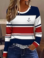 ieftine Tricou cu dungi și geometric-Pentru femei Tricou Grafic Geometric Dungi Epocă Stilat Clasic Manșon Lung Stil Nautic Rotund Topuri obișnuite Zilnic Imprimeu Bleumarin Primăvară Toamnă Iarnă