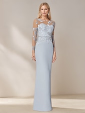 preiswerte Bodenlänge-Meerjungfrau  Trompete Mutter der Braut Kleid Elegantes Einfach Bootsauschnitt Floral Bestickte Spitze Bodenlänge Chiffon Lange Ärmel mit Kristallgürtel