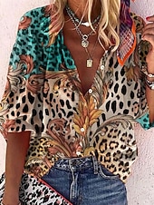 abordables Animaux Tops-Hauts bohèmes vintage à col en V et manches 3/4 pour femme, imprimé léopard, style décontracté, idéal pour la plage, l&#039;été, le printemps et l&#039;automne