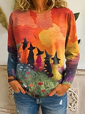 abordables Hauts d&amp;#39;Halloween-Halloween Femmes T-shirt Graphique Sorcière ancien Mode Élégant manche longue Col ras du cou Hauts Réguliers Quotidien Imprimé Jaune Bleu Orange Vert Automne Hiver