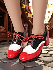 abordables Zapatos Oxford de mujer-Zapatos brogue oxford de tacón grueso con bloques de color para mujer: zapatos de vestir vintage con cordones de los años 50 con detalle de espiga de tweed para la oficina, el Oktoberfest y la moda de