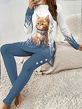 tanie Zestawy dwuczęściowe-Komplet piżamowy dla kobiet dresy okrągły dekolt długi rękaw casual moda spodnie z nadrukiem grafika zwierzęca kot codzienne niebieski fioletowy zielony regularny krój