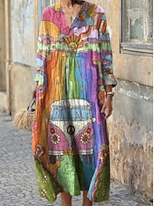 abordables Robes Boho-Femmes Robe Midi Robe d&#039;Été Robe trapèze Vacances Occasionnel Boho Soirée Fête Plage Coupe Ample Fleuri Graphique Géométrique manche longue Col en V Rouge Foncé Rose Claire Bleu Violet Été Printemps