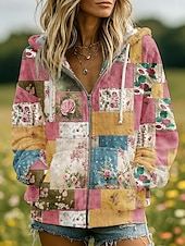 economico Top Floreali-Felpe con Cappuccio 3D Donna Stampate con Grafica Floreale Moda Casual Boho Maniche Lunghe Cappuccio Top Regolari Abbigliamento Stradale Quotidiano Patchwork Tasca con Cerniera Rosa Rosso Blu