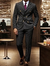 preiswerte Herren Klassische Blazer-Herren Blazer Set Geschäft Cocktailparty Hochzeitsfeier 2 Stück Mode Lässig Frühling Herbst Polyester Gestreift Tasche Knöpfe Bequem Doppelreihig Blazer Schwarz