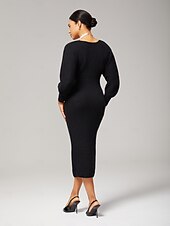 economico Abiti floreali-elegante abito nero in maglia da donna con scollo a cuore, maniche a lanterna che stringono la vita, aderente, elegante, quotidiano, autunno