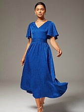 economico Abiti floreali-Abito lungo da donna per invitati a matrimoni, blu royal, scollo a V, jacquard sottile, raso lucido, elegante, alla moda, con cintura in vita, vestibilità aderente, per feste, tutti i giorni, autunno