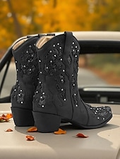 levne Cowboy &amp; Western Boots-Dámské tmavě hnědé krátké kovbojské boty do westernu s bílými vyšívanými vzory, špičatou špičkou a nízkým podpatkem pro country dance a ležérní outfity