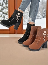 baratos Botas de tornozelo-Botas femininas de cano curto em malha preta com cadarço e strass e salto grosso - botas elegantes de inverno com salto para roupas de Natal e moda para o frio