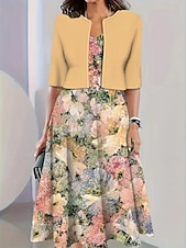 ieftine rochie florală-Pentru femei Set de rochii Rochie A line Casual Rochii Semi Formale Floral Grafic Imprimeu Rochii Midi Manșon Jumate Stil Nautic Vacanță Dată Galben Albastru piscină Bej Vară Primăvară Fit regulat