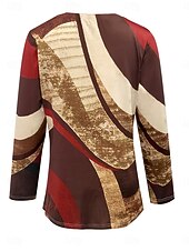 Недорогие Туники-Жен. Футболка С принтом Асимметричный вырез Графика Геометрический принт Винтаж Стиль На каждый день Длинный рукав Вырез под горло Обычные топы Повседневные Красный Лиловый Коричневый Зеленый Хаки