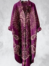 economico Abiti boho-Per donna Abito Midi Abito Camicia Vestito Casual Abito Boho Moda Moderno Quotidiano Spiaggia Weekend Vestibilità regolare Fiore Manica Lunga Colletto a Camicia Viola Marrone Primavera Autunno
