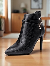 abordables Bottines-Bottines à talons hauts à motif crocodile noir pour femmes - bottines à talons aiguilles à bout pointu en similicuir avec brides décoratives et breloques en strass pour des tenues élégantes