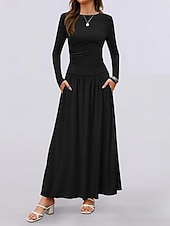 voordelige Witte jurk-Dames Maxi-jurk Trui-jurk A lijn jurk Casual Dagelijks Normale pasvorm Effen Lange mouw Strakke ronde hals Zwart Blozend Roze Rood Bruin Lente Herfst Winter