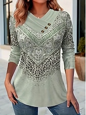 billige Boho t-skjorte-Dame T skjorte Grafisk Stripet Årgang Stilfull Fritid Langermet V-hals Vanlige topper Daglig Helg Knapper Trykt mønster Lysegrønn Blå Grønn Grå Høst Vinter