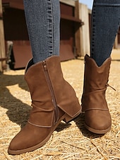 levne Cowboy &amp; Western Boots-Dámské tmavě hnědé kotníkové boty z umělé kůže s bočním zipem a krajkovým detailem – ležérní vintage boty na nízkém podpatku pro každodenní nošení, cestování a outdoorové outfity