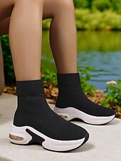 levne Kotníkové boty-Dámské béžové ponožkové kozačky z flyknit pleteniny s platformovou podrážkou – lehká ležérní obuv na outdoor, cestování a sport