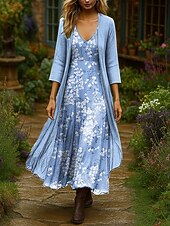abordables Robe Fleurie-Femmes Robe Ensemble Robe Maxi Robe trapèze Vacances Boho Fleuri Graphique Superposé Imprimé Robe maxi Manche 3/4 Col en V Extérieur Quotidien Rouge Bleu Violet Claire Été Printemps Coupe régulière