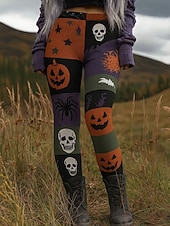 levne Halloween kalhoty-Dámské Legíny prázdniny Vinobraní Módní Plná délka Vysoký pasPantsHalloween Grafika předvečer Všech svatých Potisk Yumuşak Prodyšné Elastické Dovolená ulice Ležérní Fialová Oranžová Šedivá Jaro