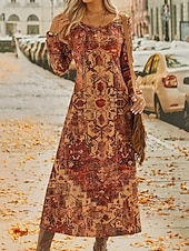 abordables Robes Bohémiennes-Femmes Robe Longue Maxi Robe Robe Décontractée Robe Imprimée Mode Moderne Quotidien Date Week-end Coupe régulière Fleur manche longue Col ras du cou Marron Printemps Automne