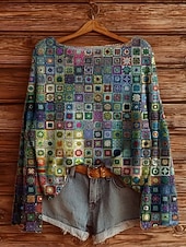 abordables Motifs graphiques et détails-Pull femme décontracté doux géométrique vintage manches longues col rond régulier hauts quotidien vacances imprimé jaune bleu violet vert printemps automne hiver