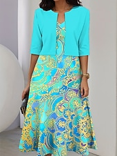 abordables Robe Fleurie-Ensemble de robes pour femmes en deux pièces robe midi avec veste élégante robe en A manches mi-longues robe décontractée semi-formelle imprimé floral ombragé encolure en V rendez-vous jaune clair