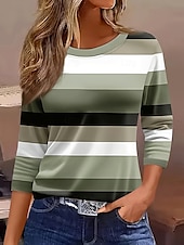 cheap Stripe&amp;Geometric tee-Women's T shirt Long Sleeve Graphic Geometric Striped Vintage Stylish Classic Long Sleeve Crew Neck Round Neck Regular Tops Daily Print Sage Green Red Purple  Spring Fall Prefall