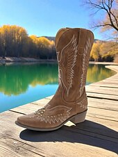 levne Cowboy &amp; Western Boots-Dámské kovbojské boty v westernovém stylu s vyšívaným orlím vzorem a cvočky, boty v retro stylu na blokovém podpatku do poloviny lýtek pro městské nošení