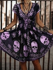 tanie Strój na Halloween-Halloween Damskie Sukienka mini Codzienne sukienki Sukienka t-shirtowa Sukienka letnia Sukienka A line Urlop Codzienny Boho Plaża Regularny Graficzny Czaszka Krótki rękaw W serek Biały Rumiany r