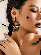 levne Halloweenské doplňky-Sada dámských visících náušnic na Halloween – pavučina a pavouk, lebka, netopýr a duch, lehká černá slitina s kamínky, gotický styl pro kostýmní večírky, cosplay a večerní zábavu